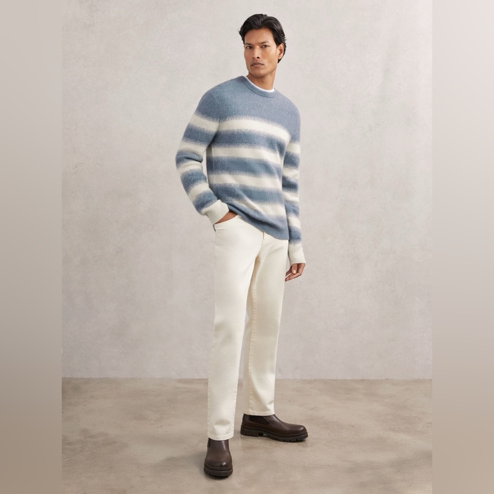 NWT REISS Piers Wool-Alpaca Blend Stripe Jumper in Soft Blue/White - Picture 3 of 11